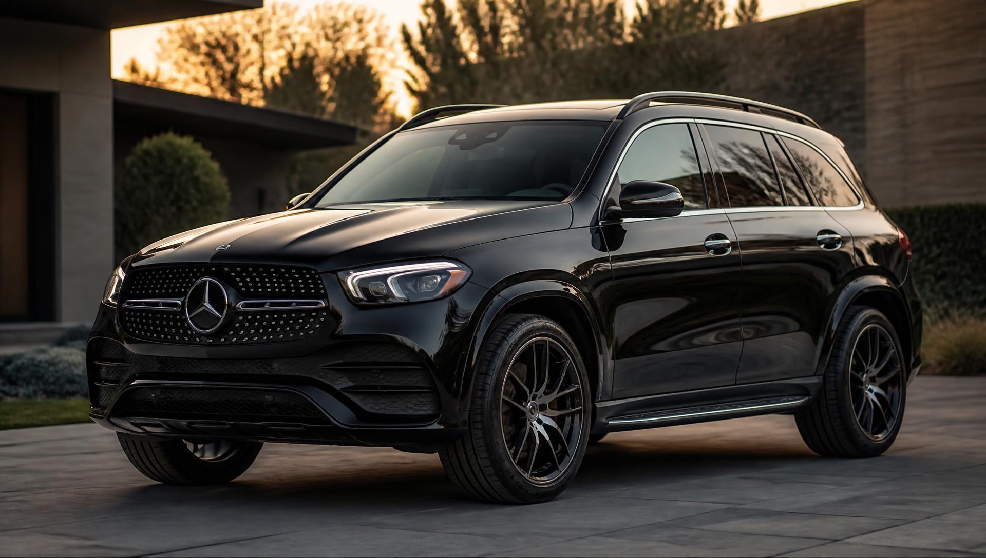 Black Mercedes GLE SUV photographed outdoors at golden hour on a modern paved driveway